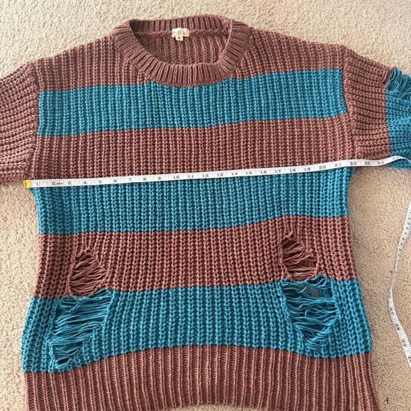POL Distressed Striped Oversized Chunky Knit Sweater Brown Teal Womens S - Picture 7 of 8